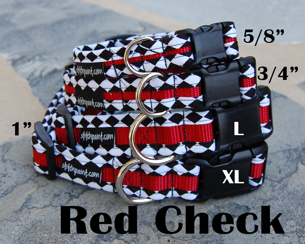 Black & White Check on Red Dog Collar | Stitchpet