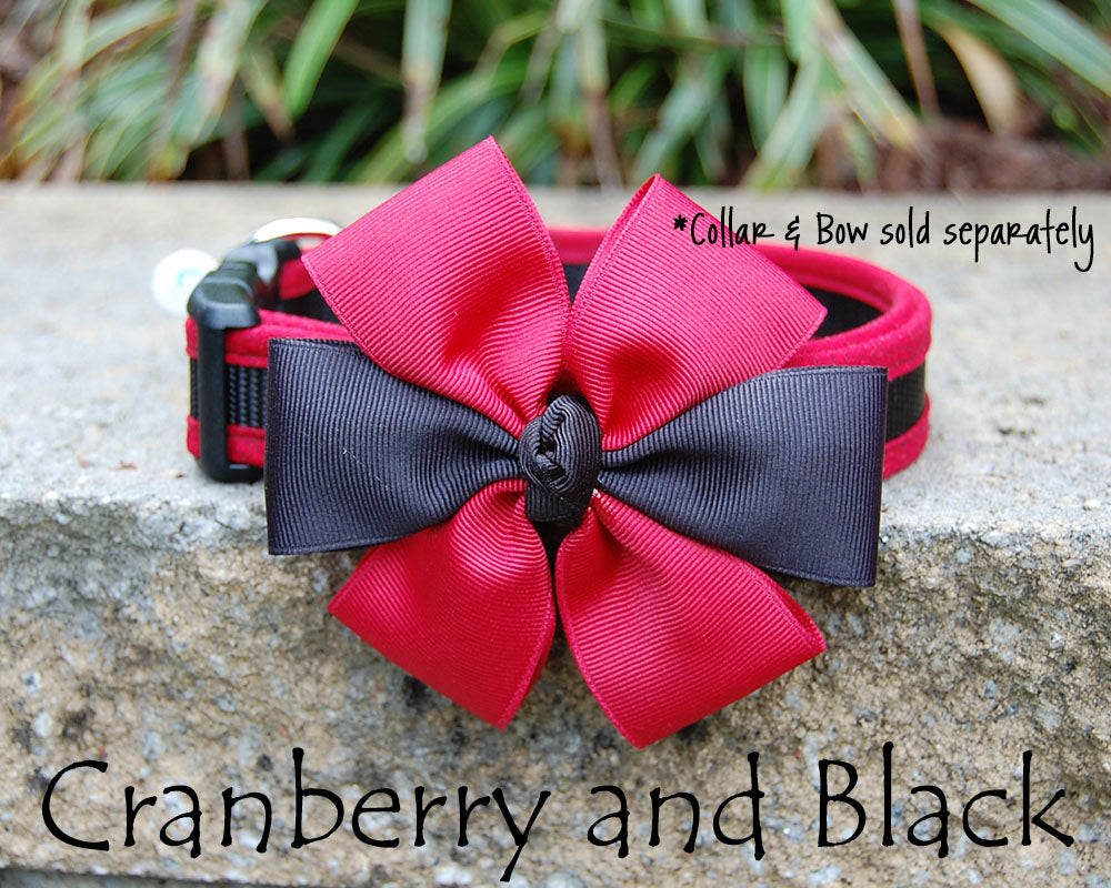 Comfortable Dog Collar shown with optional bow | Cranberry & Black | Stitchpet