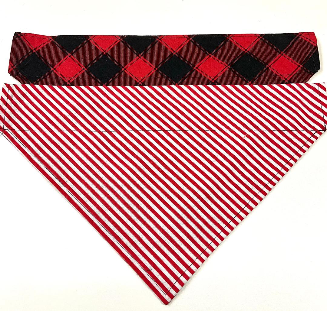 Reversible Dog Scarf - Red Buff Check/Stripe