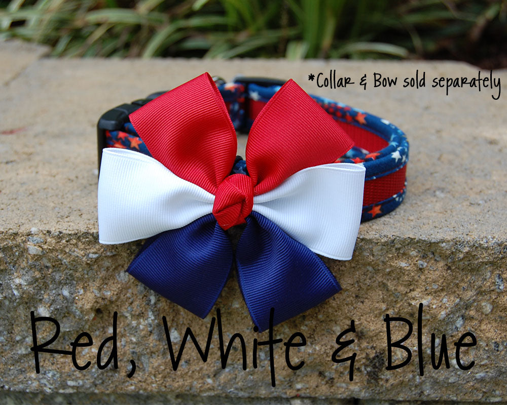 Comfortable Dog Collar shown with Optional Bow | Stars Red | Stitchpet