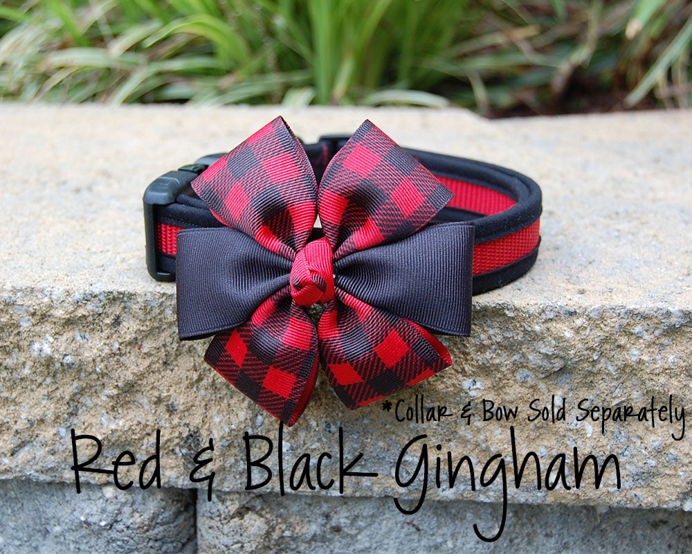 Comfortable Dog Collar shown with optional bow | Black & Red | Stitchpet