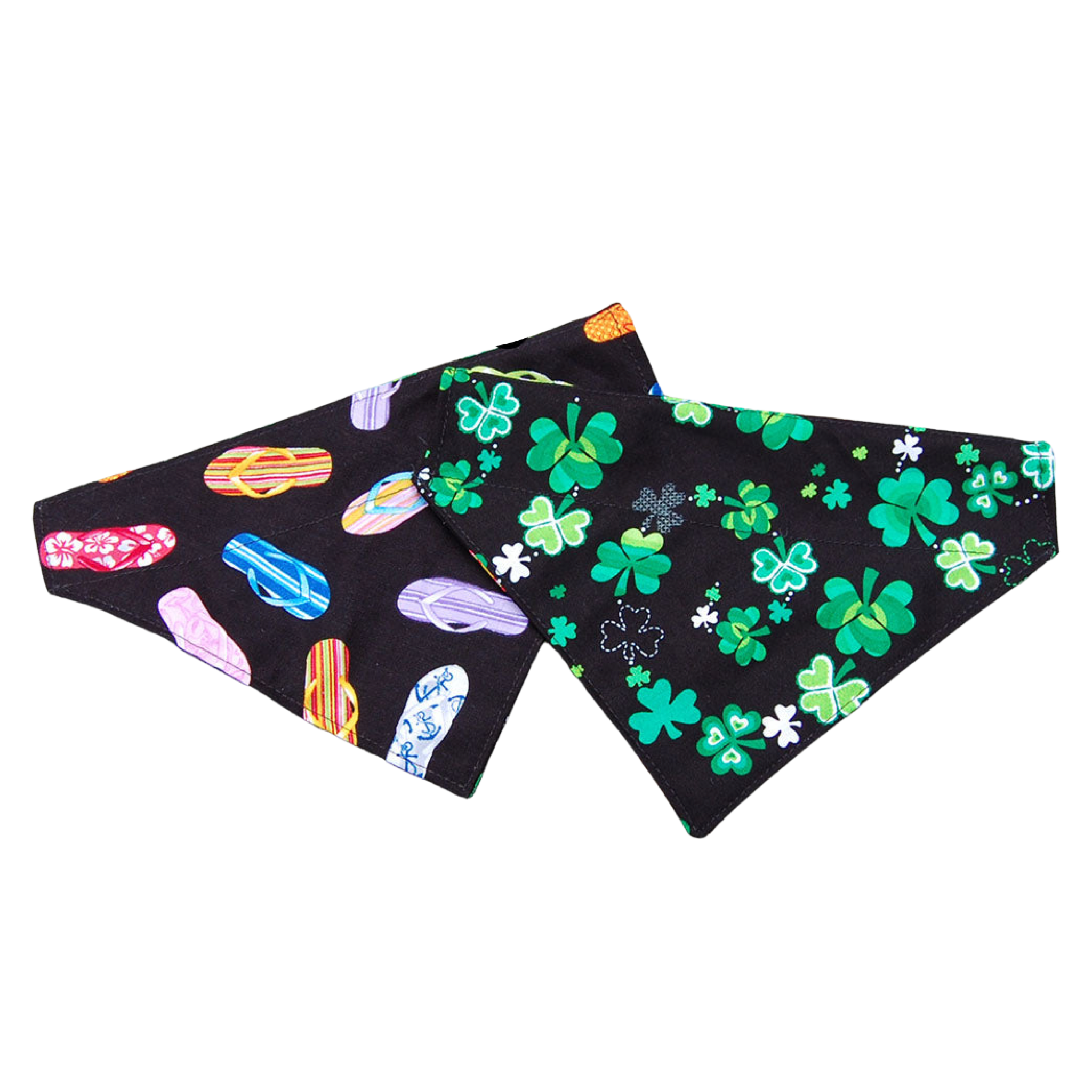 Double Sided Dog Bandana with Flip Flops on one side and shamrocks on the other.  Reversible dog scarf slips on collar.