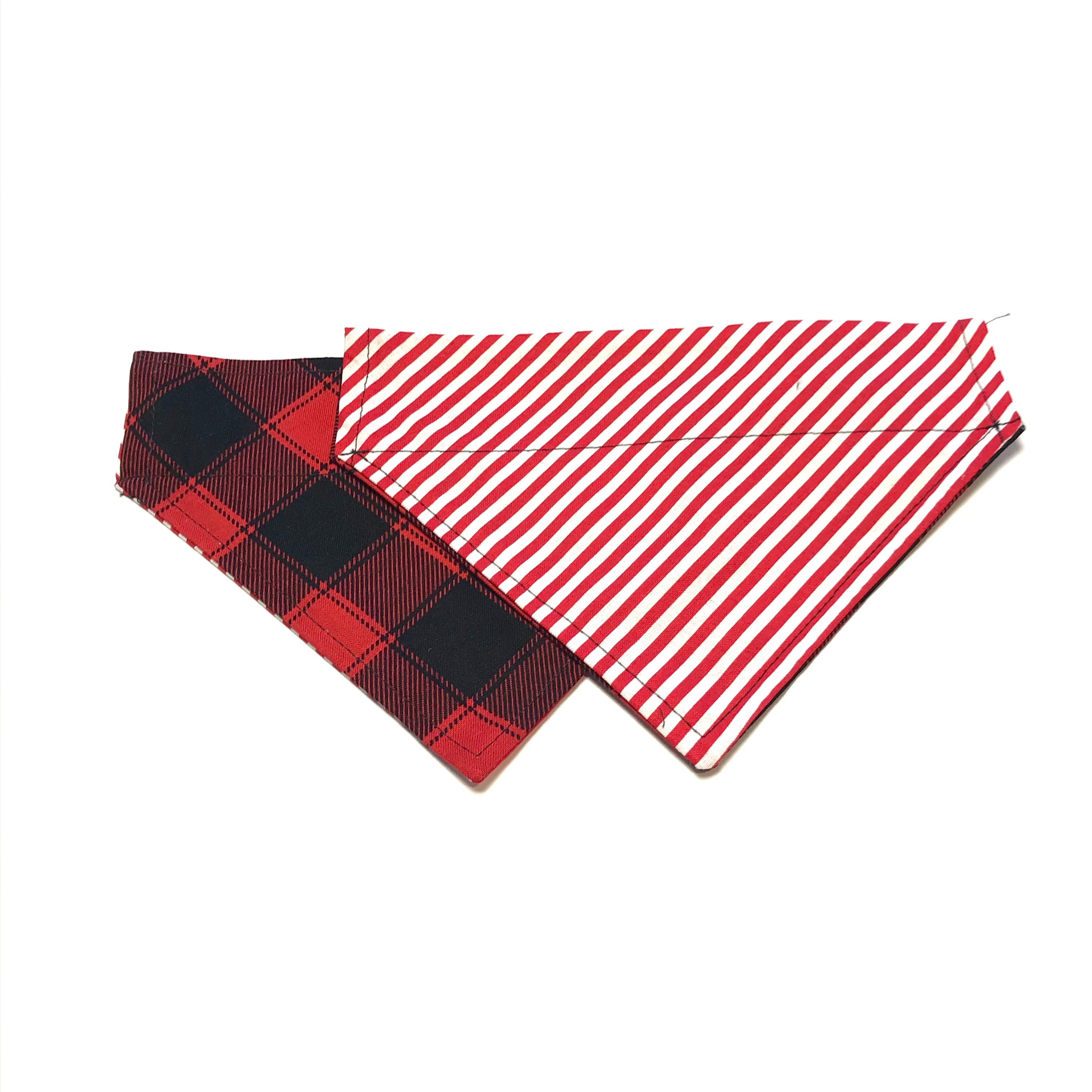 Reversible Dog Scarf - Red Buff Check/Stripe