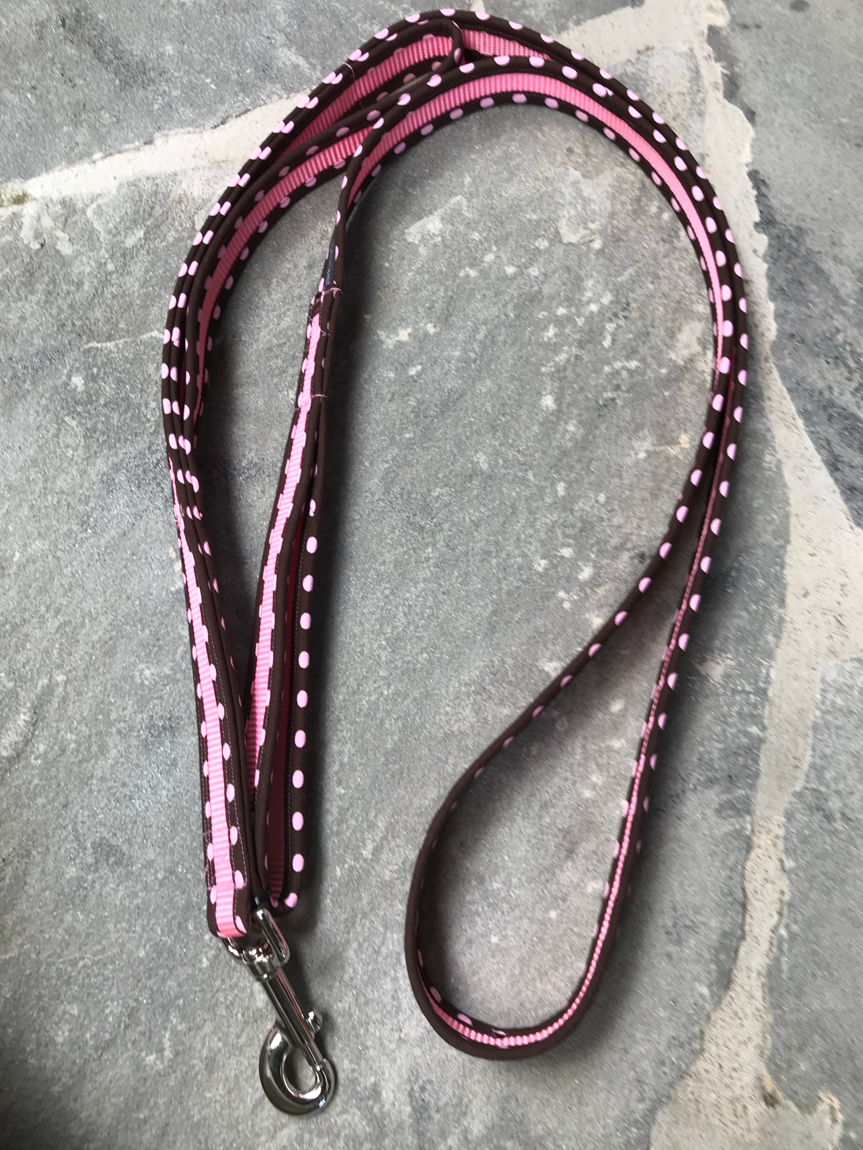 Double Handle Dog Leash | Brown Pink Dot | Stitchpet