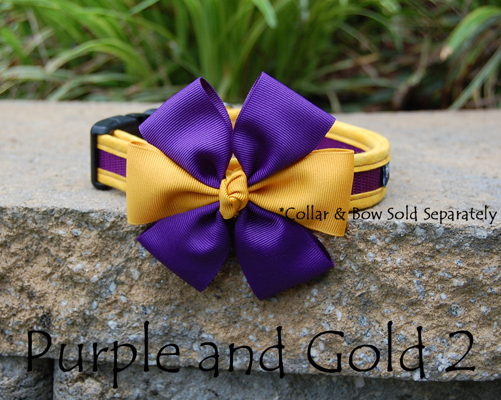 Comfortable Dog Collar shown with optional bow | Gold & Purple | Stitchpet
